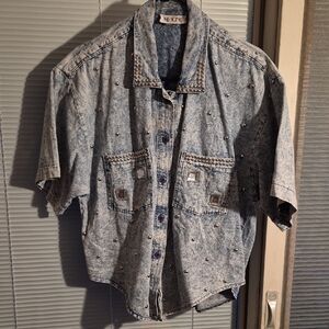 Vintage Bedazzled Icing Blue Denim Shirt Size Large 100% Cotton Made In USA